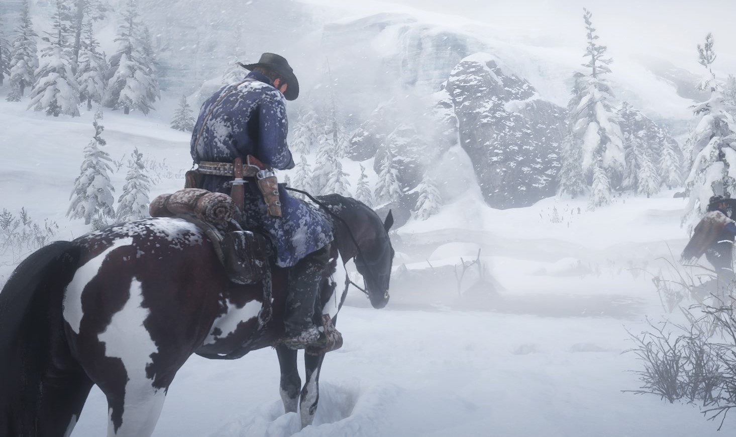 Arthur riding his horse through a river or snowy landscape in RDR2