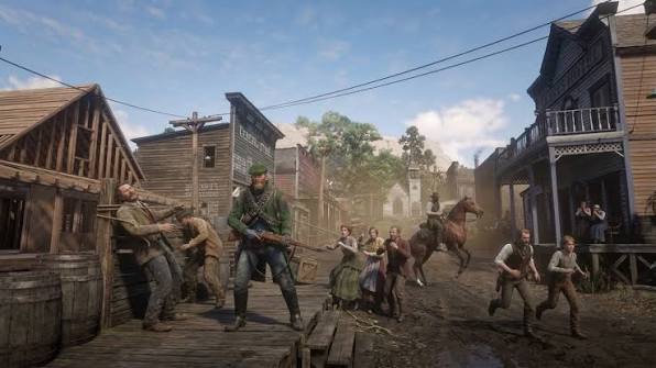 A busy town scene with many NPCs going about their routines in RDR2