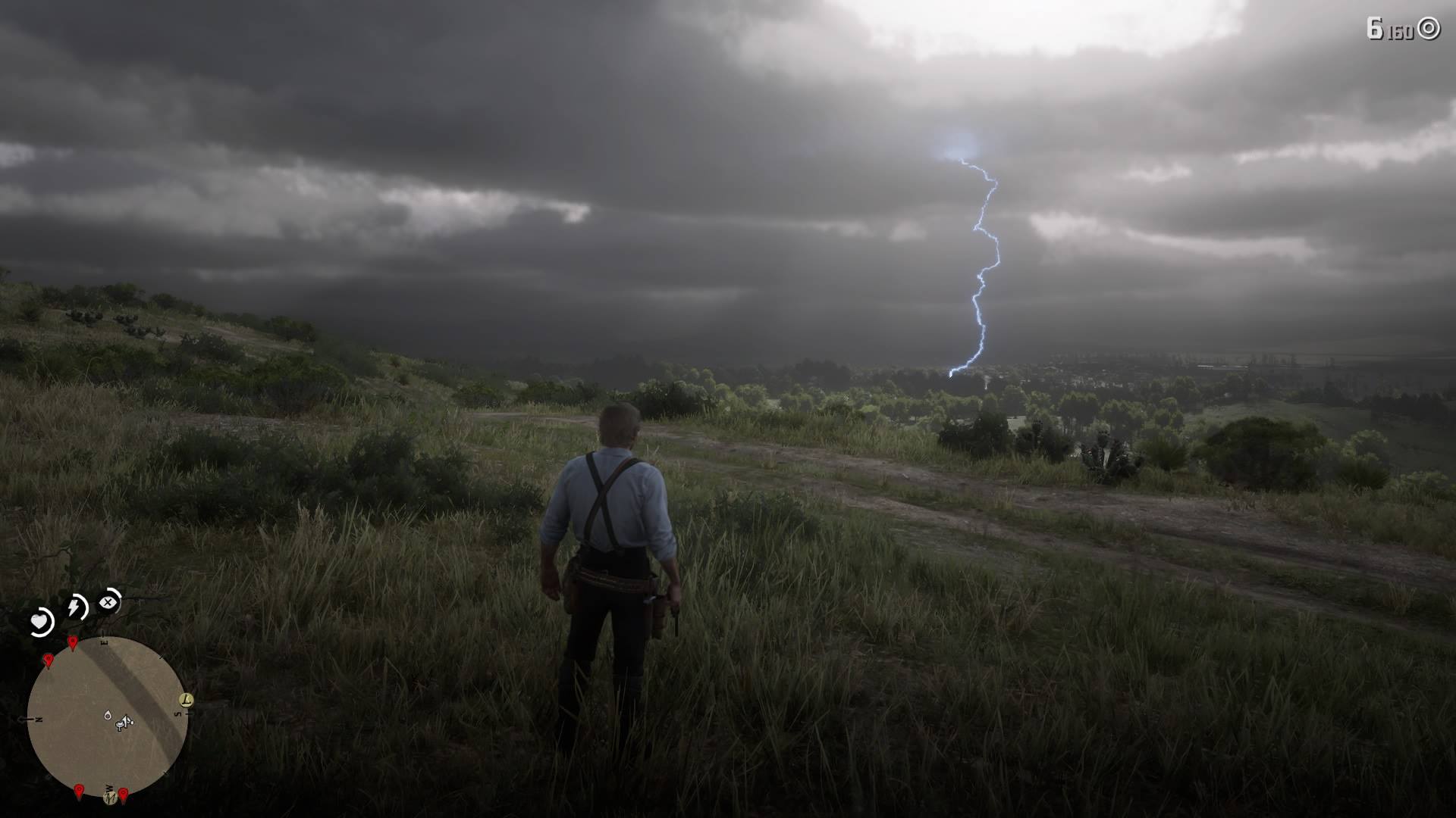 A dramatic thunderstorm or blizzard rolling across the RDR2 landscape